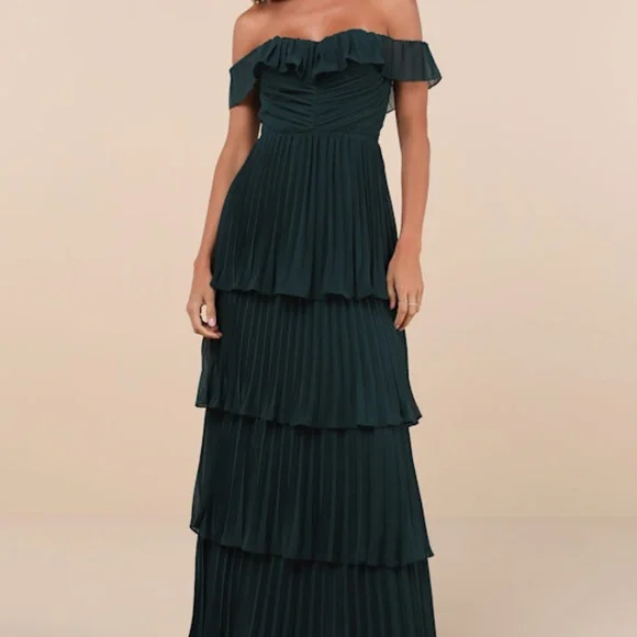 Lulus | Dresses | Lulus Always Remarkable Emerald Pleated Offtheshoulder Maxi  Dress Green | Poshmark